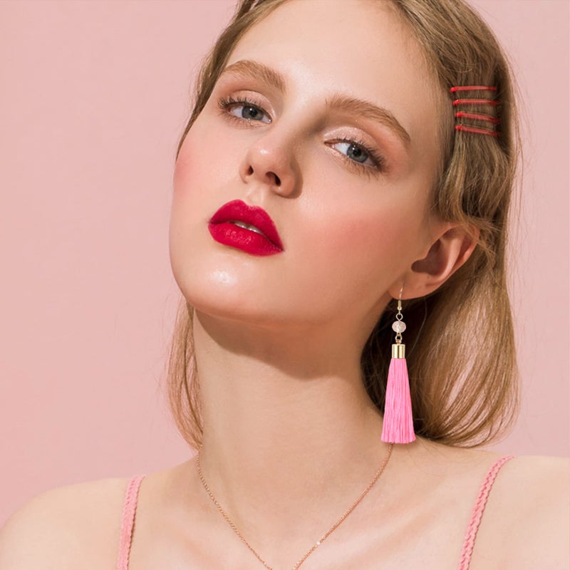 LOYALLOOK 4-Pair Fan Shape Drop Earrings - Long Thread Tassel, Bohemian Fringe, Handmade - Pink - Image 4